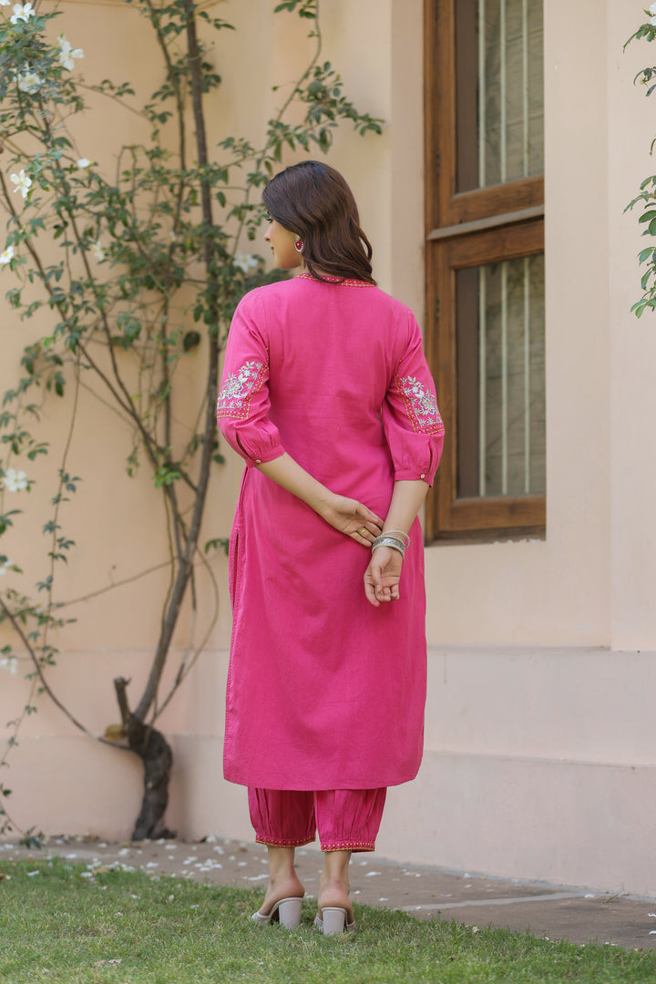 Pink Cotton Embroidered Designer Kurta Salwar Set