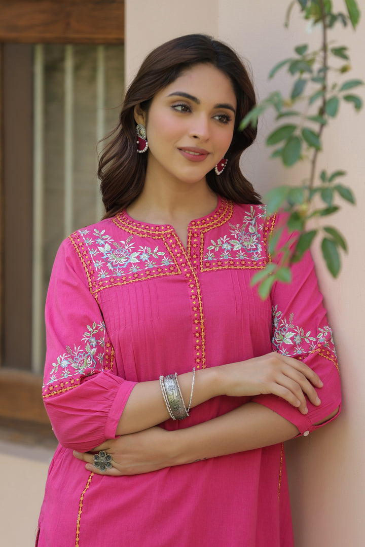 Pink Cotton Embroidered Designer Kurta Salwar Set