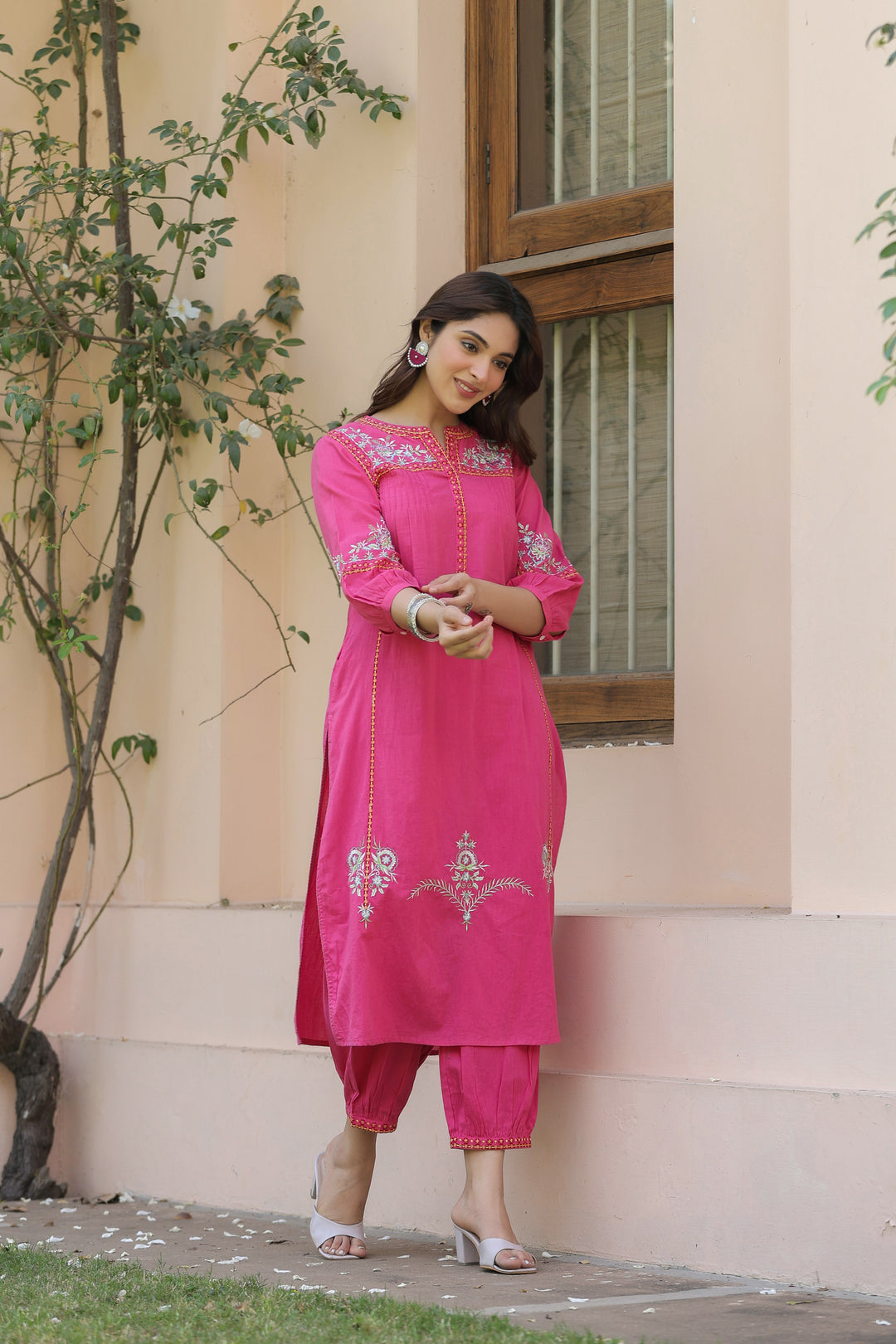 Pink Cotton Embroidered Designer Kurta Salwar Set