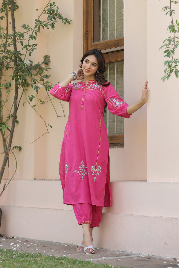 Pink Cotton Embroidered Designer Kurta Salwar Set