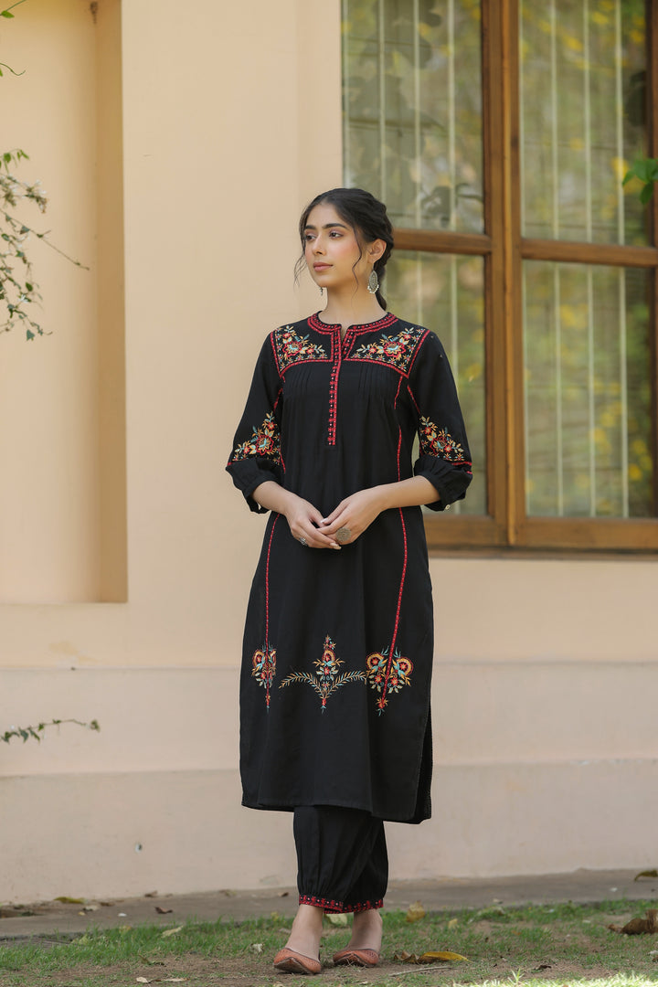 Black Cotton Embroidered Designer Kurta Salwar Set