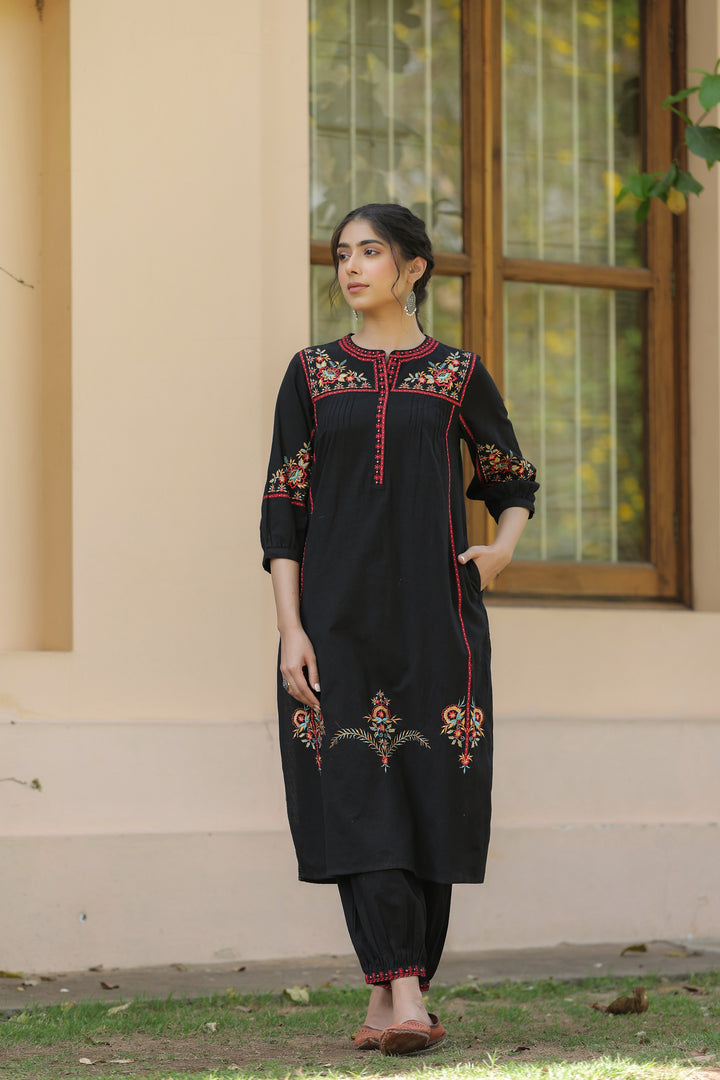 Black Cotton Embroidered Designer Kurta Salwar Set