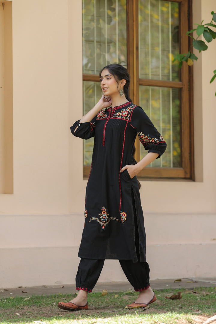 Black Cotton Embroidered Designer Kurta Salwar Set