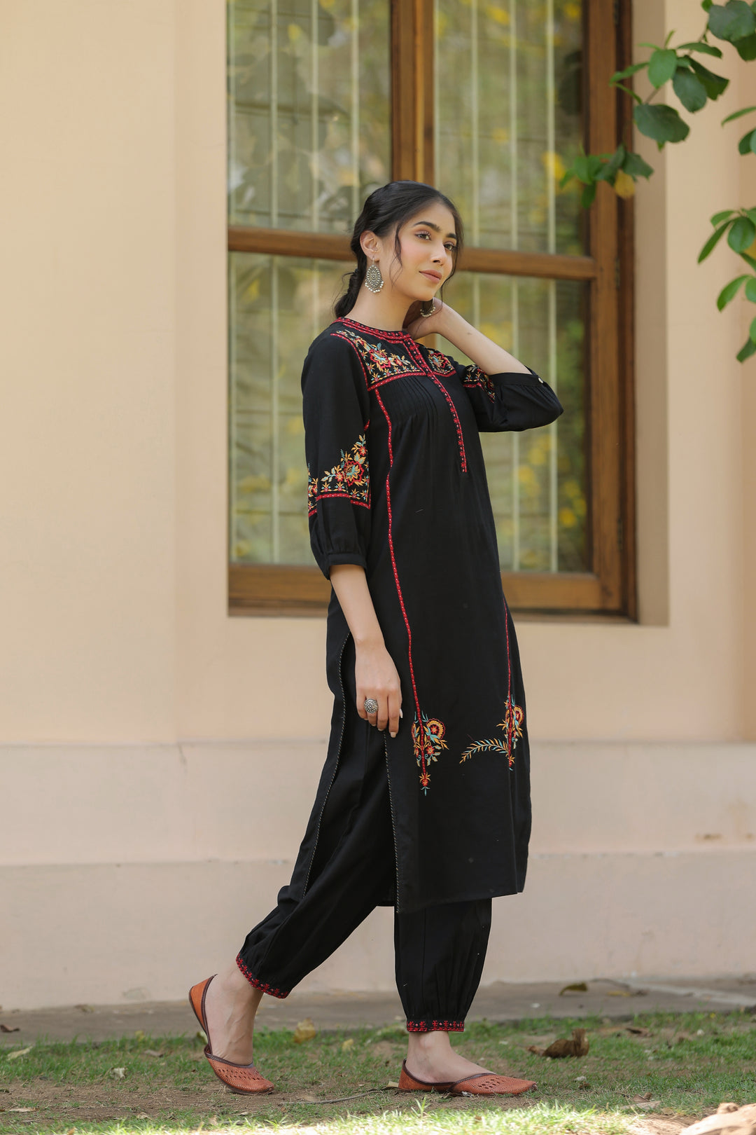 Black Cotton Embroidered Designer Kurta Salwar Set