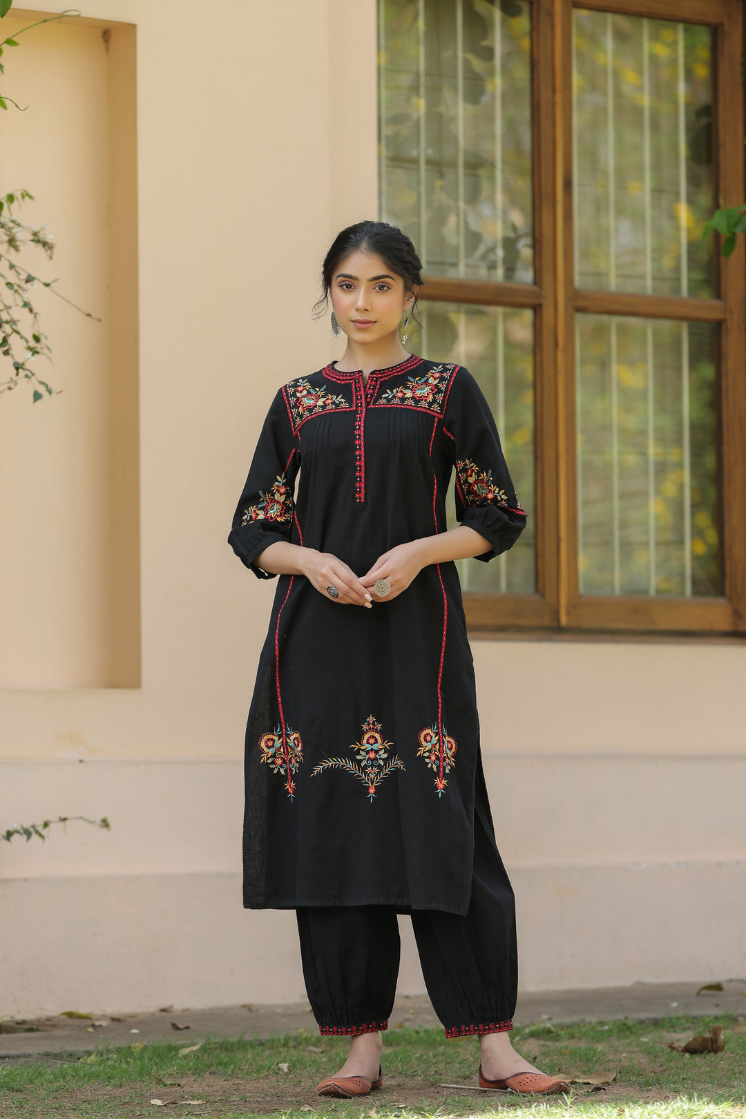 Black Cotton Embroidered Designer Kurta Salwar Set