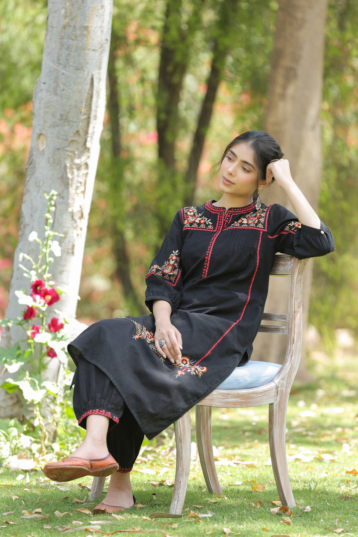 Black Cotton Embroidered Designer Kurta Salwar Set