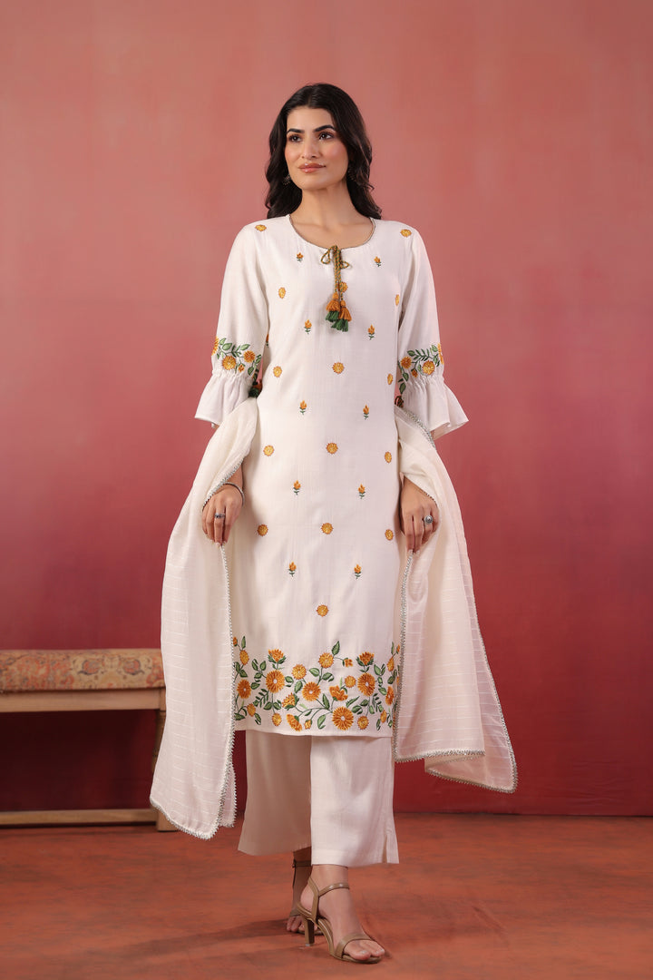 White Polyester Embroidered Designer Kurta Pant With Dupatta Set