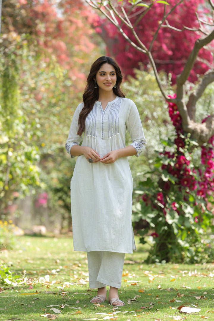 White Cotton Detailed Kurta Pant Set