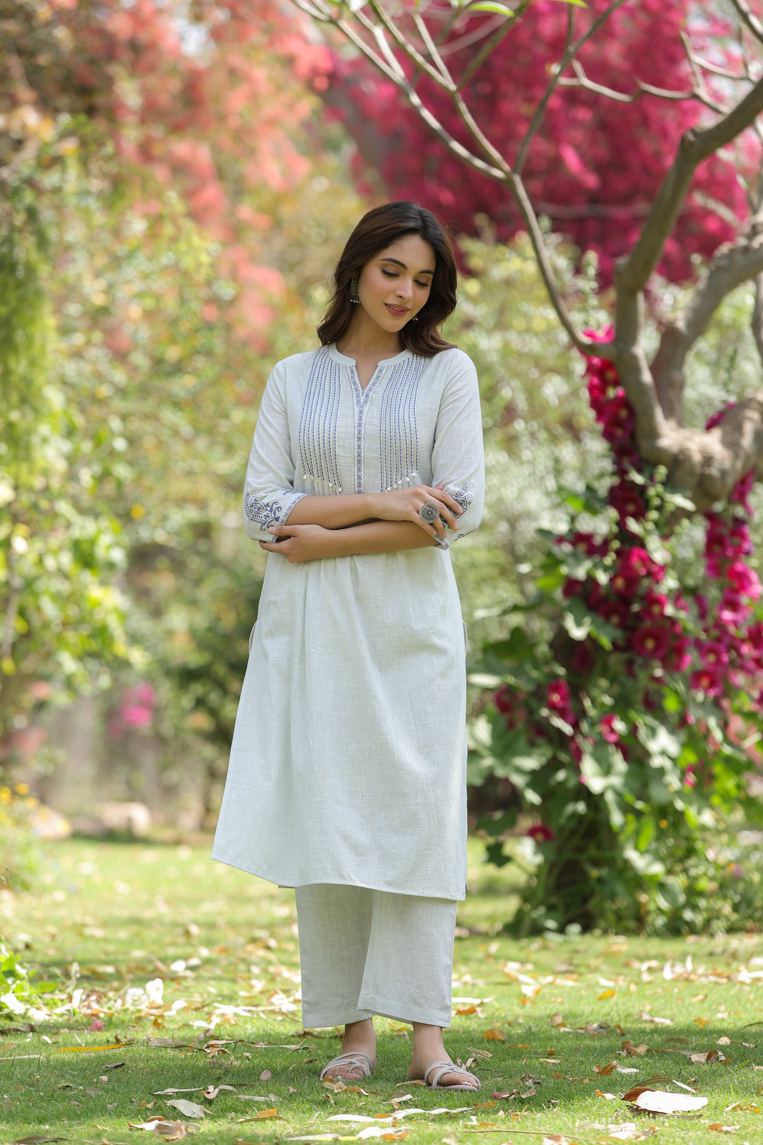 White Cotton Detailed Kurta Pant Set