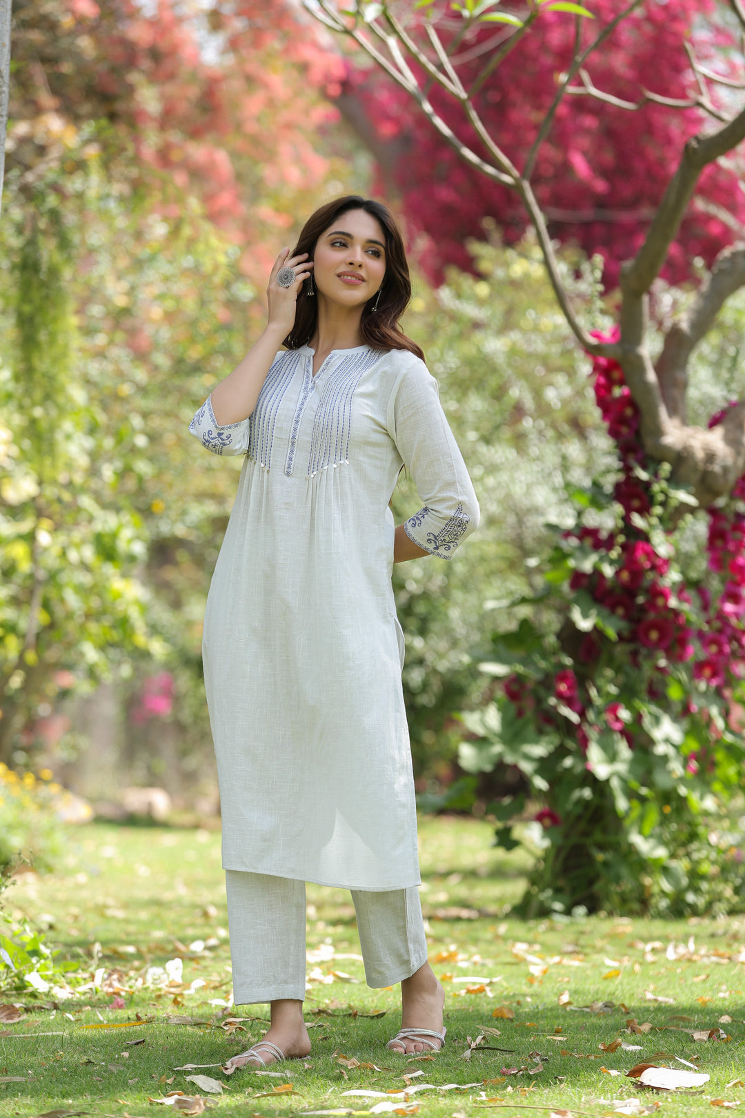 White Cotton Detailed Kurta Pant Set