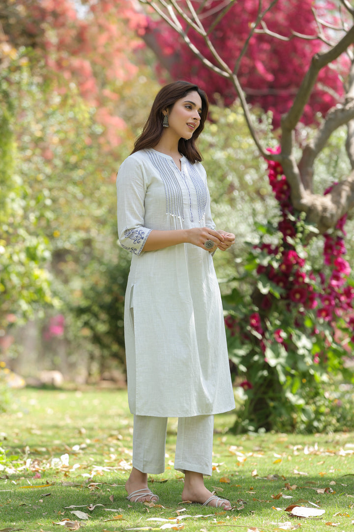 White Cotton Detailed Kurta Pant Set