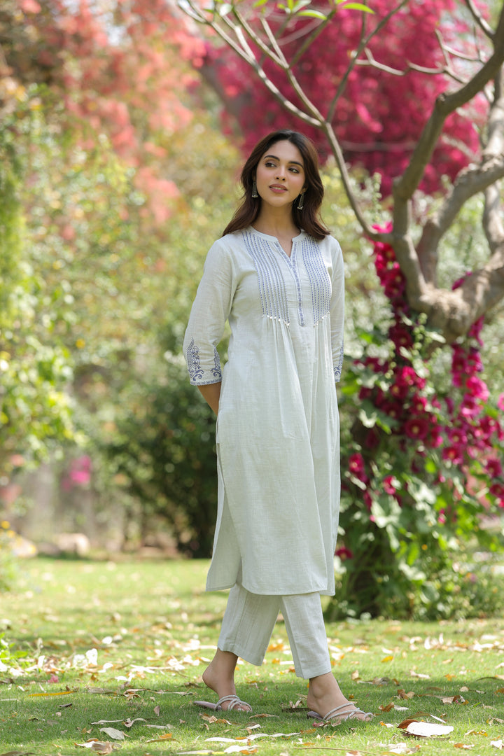 White Cotton Detailed Kurta Pant Set