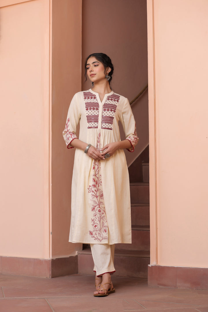 Beige Cotton Embroidered Kurta Pant Set