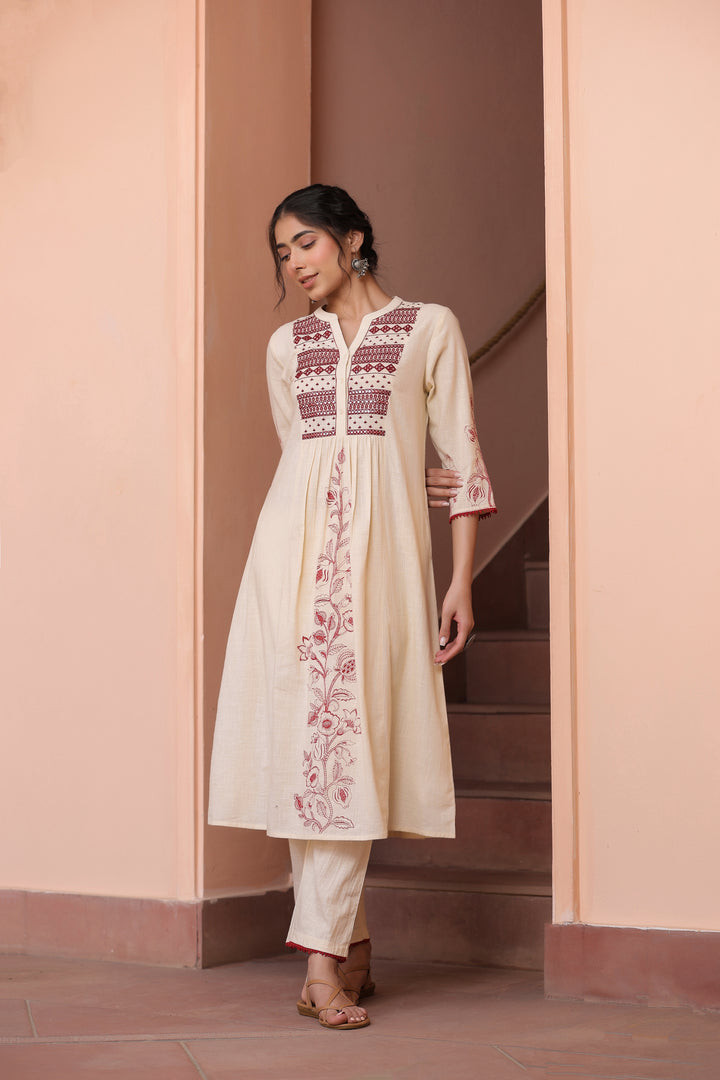 Beige Cotton Embroidered Kurta Pant Set