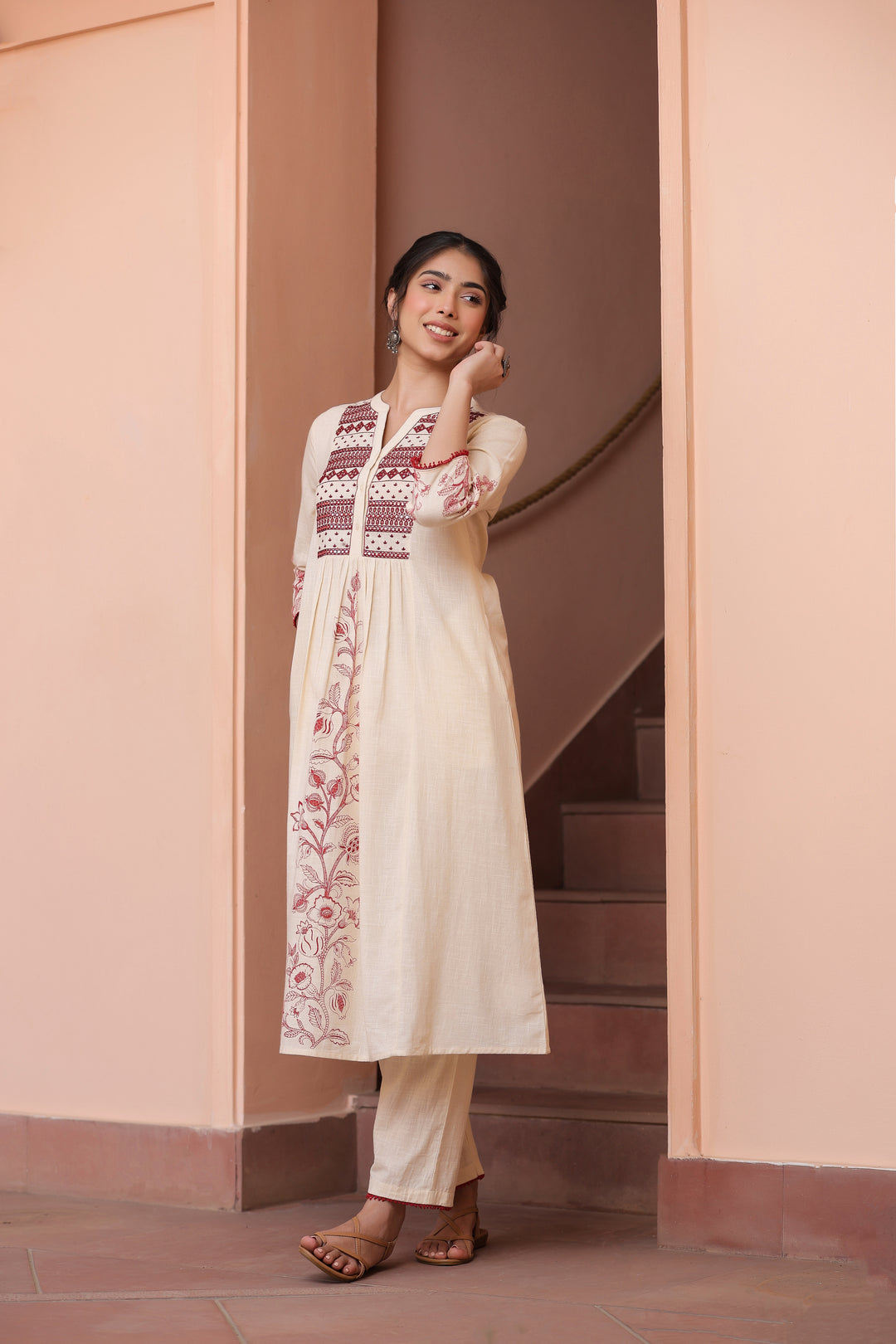 Beige Cotton Embroidered Kurta Pant Set