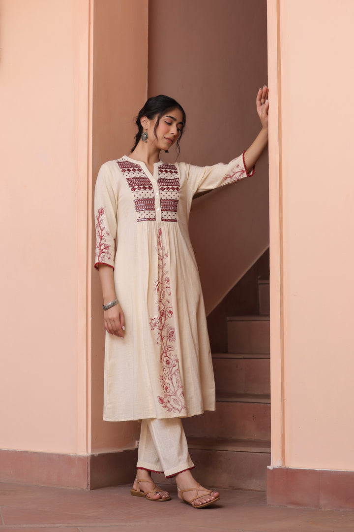 Beige Cotton Embroidered Kurta Pant Set