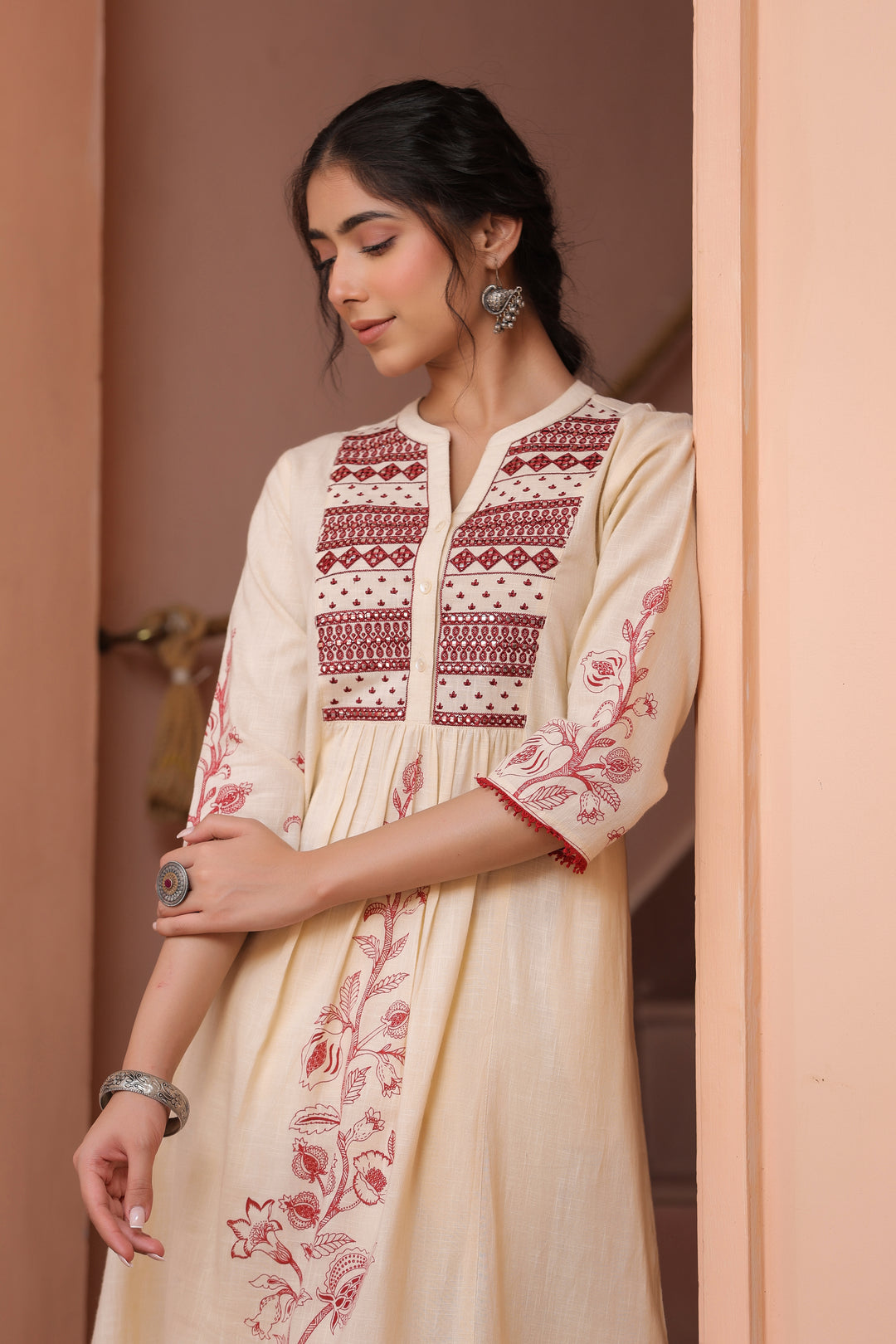 Beige Cotton Embroidered Kurta Pant Set