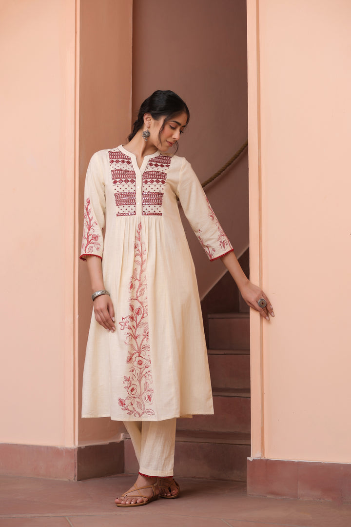 Beige Cotton Embroidered Kurta Pant Set