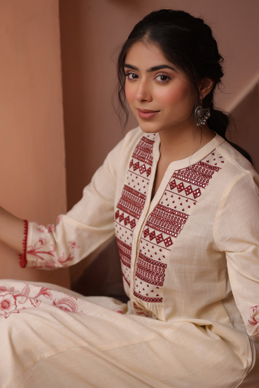 Beige Cotton Embroidered Kurta Pant Set