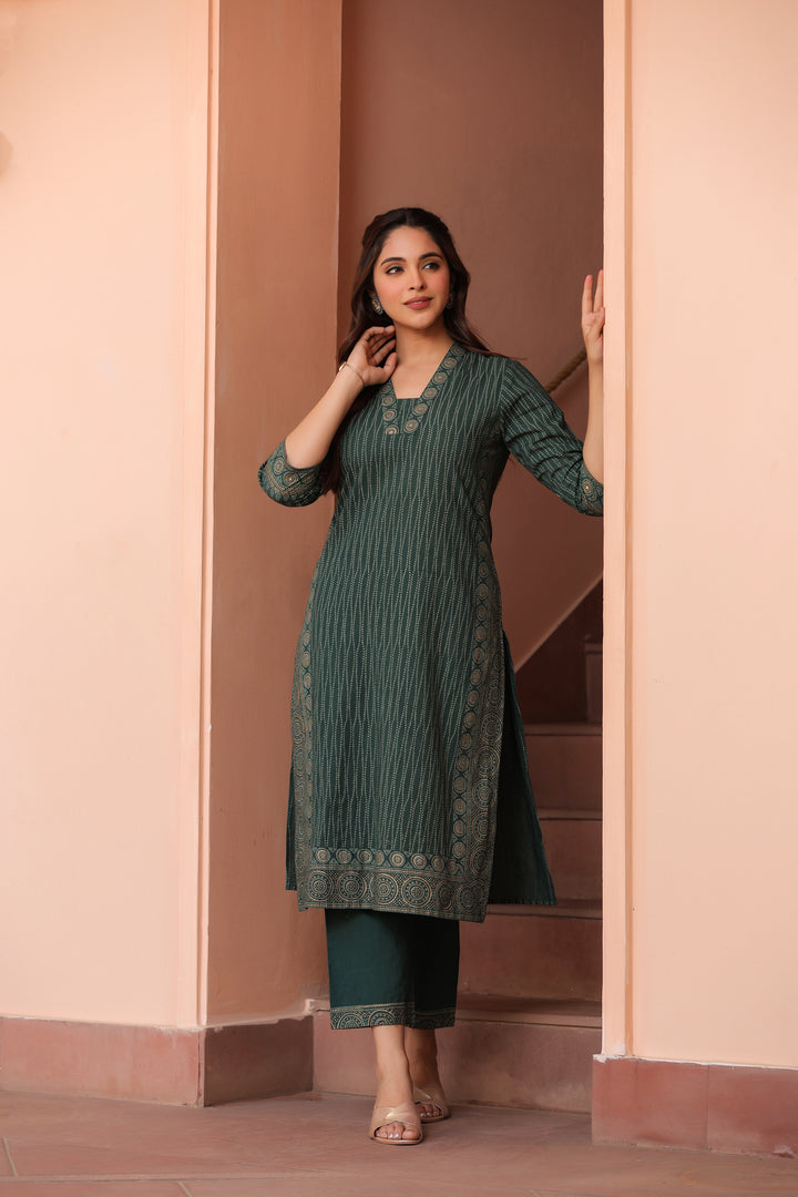 Green Cotton Printed Kurta Pant Set