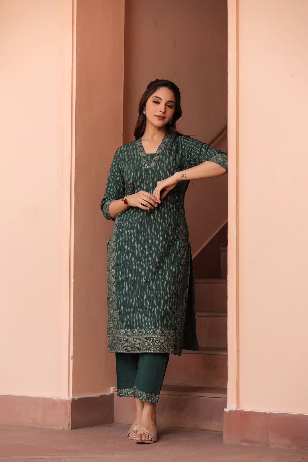 Green Cotton Printed Kurta Pant Set