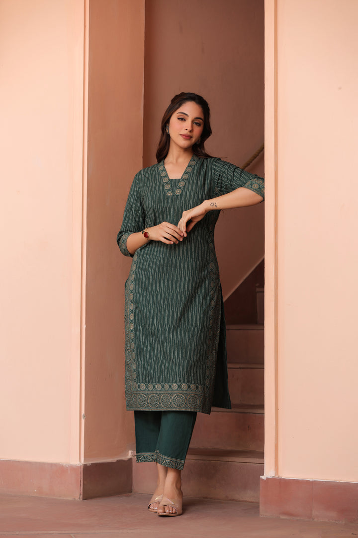 Green Cotton Printed Kurta Pant Set