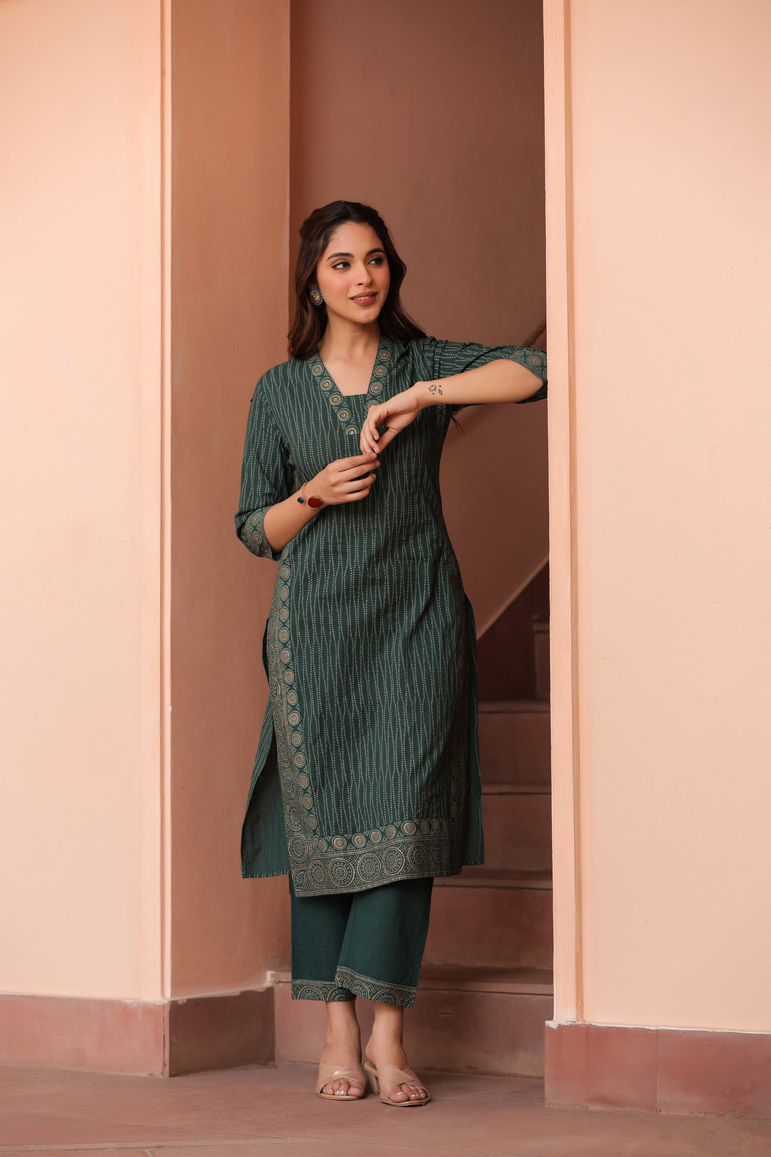 Green Cotton Printed Kurta Pant Set