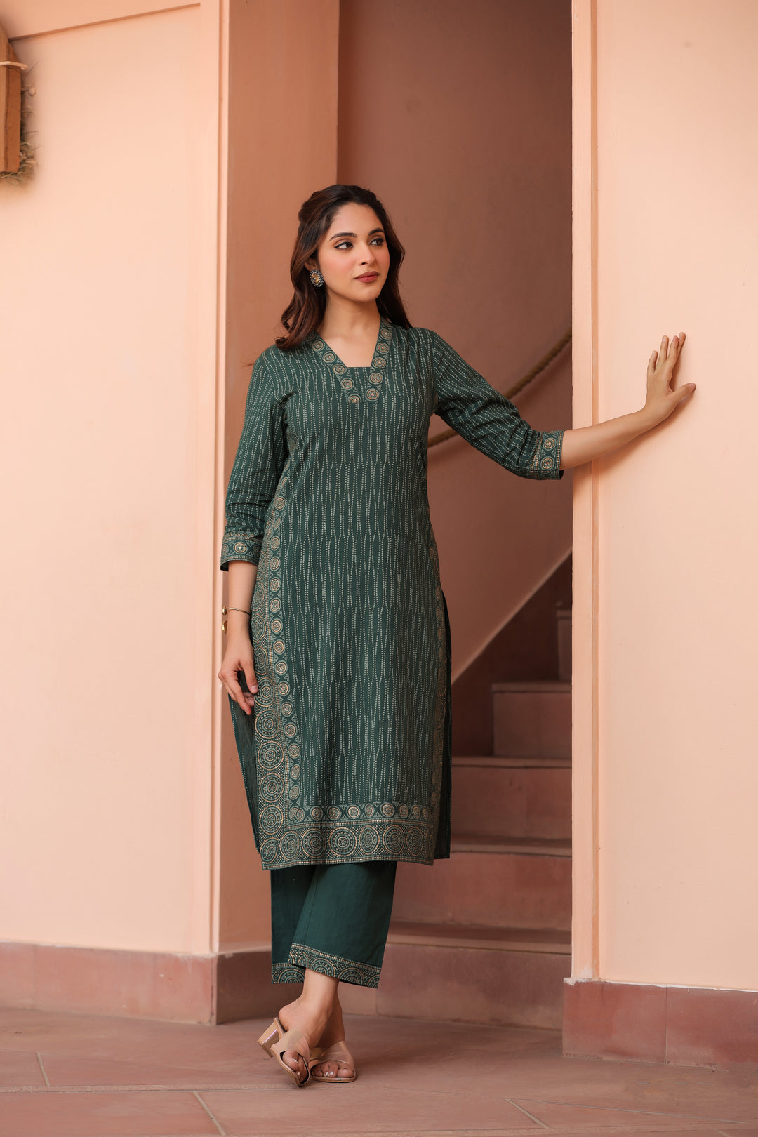 Green Cotton Printed Kurta Pant Set