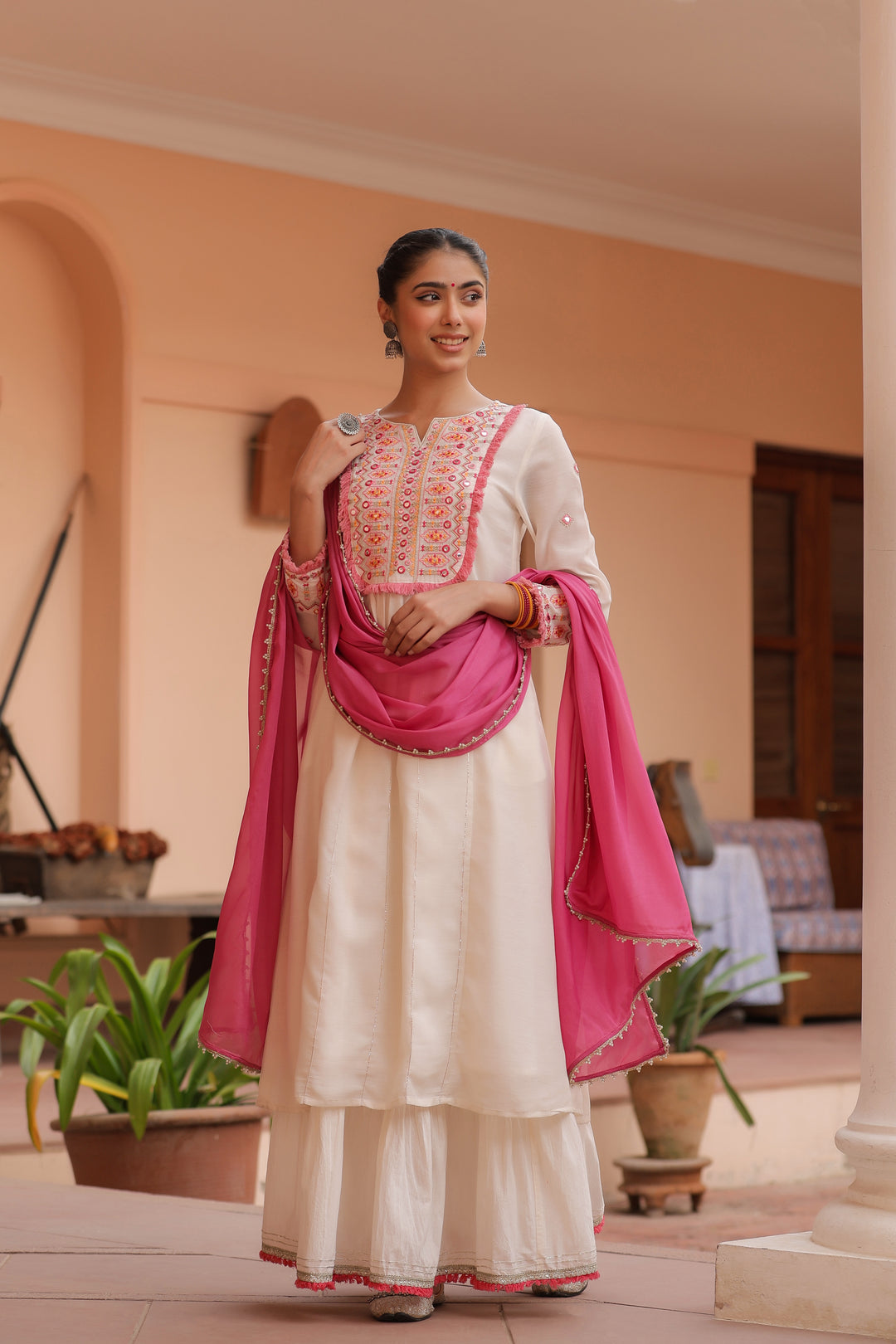 Off White Cotton Embellished Sharara Set