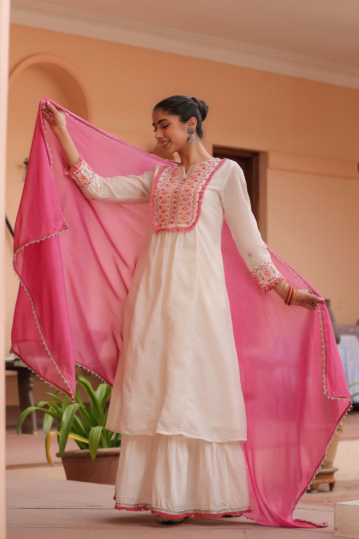 Off White Cotton Embellished Sharara Set