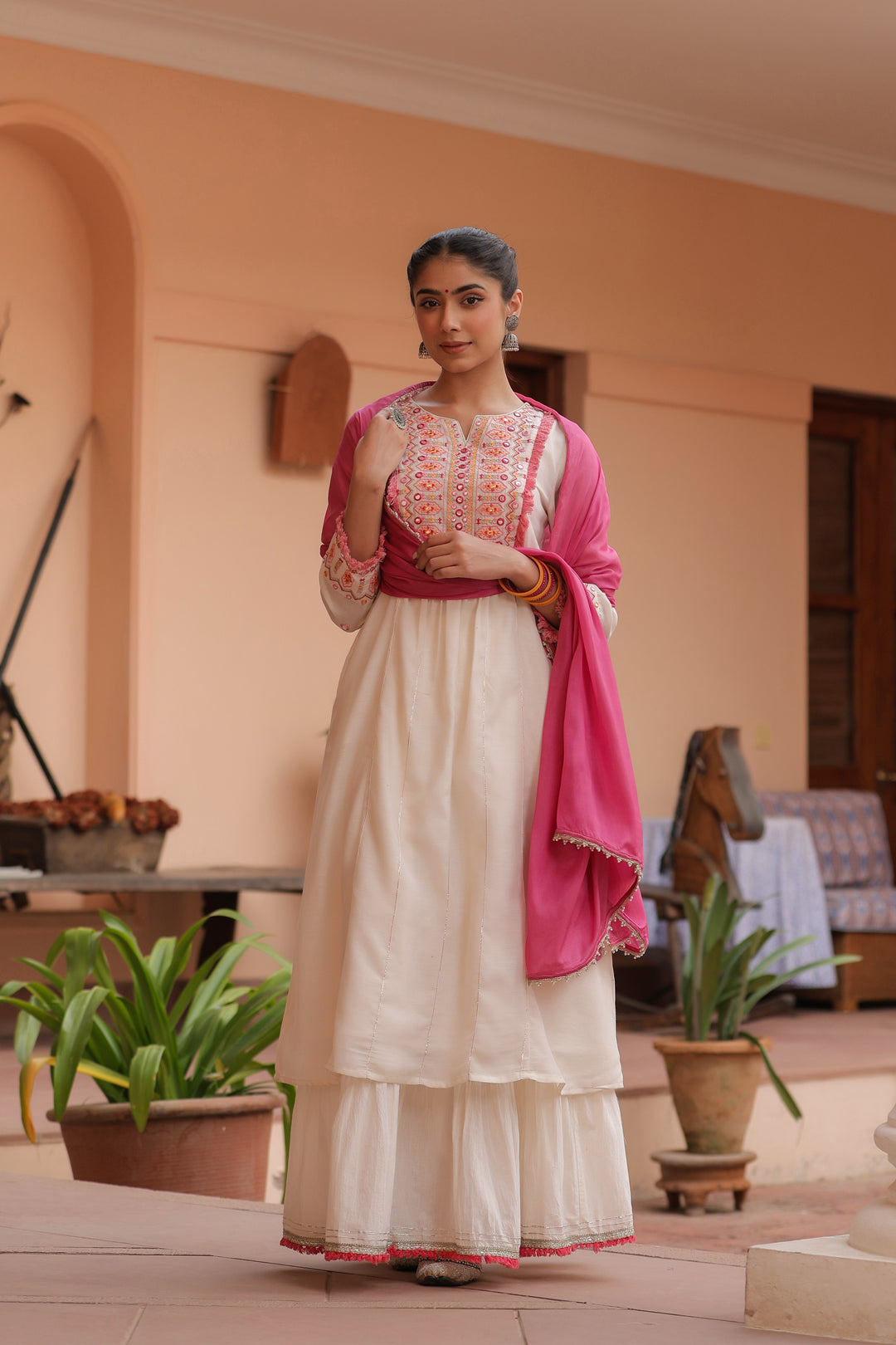 Off White Cotton Embellished Sharara Set