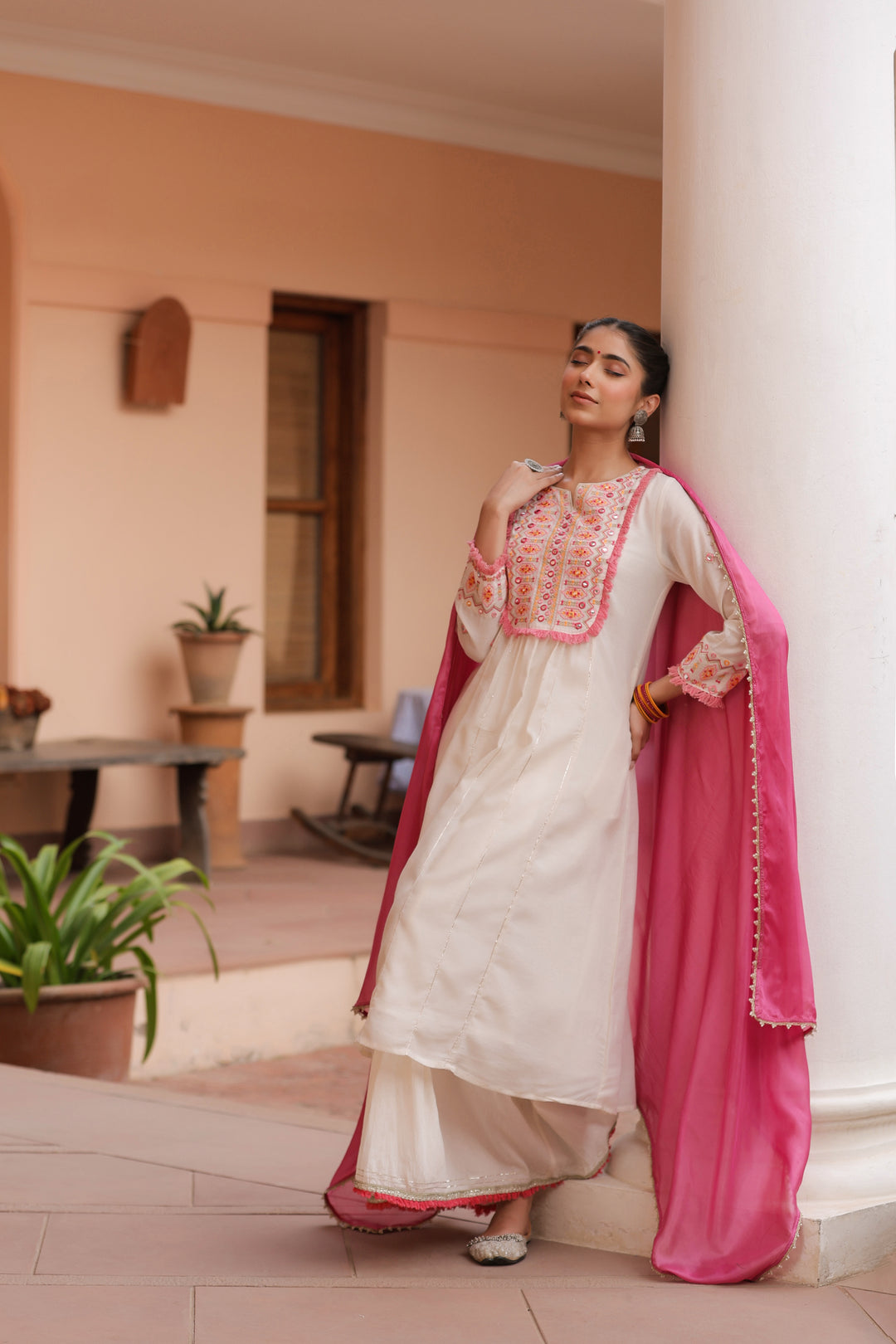 Off White Cotton Embellished Sharara Set