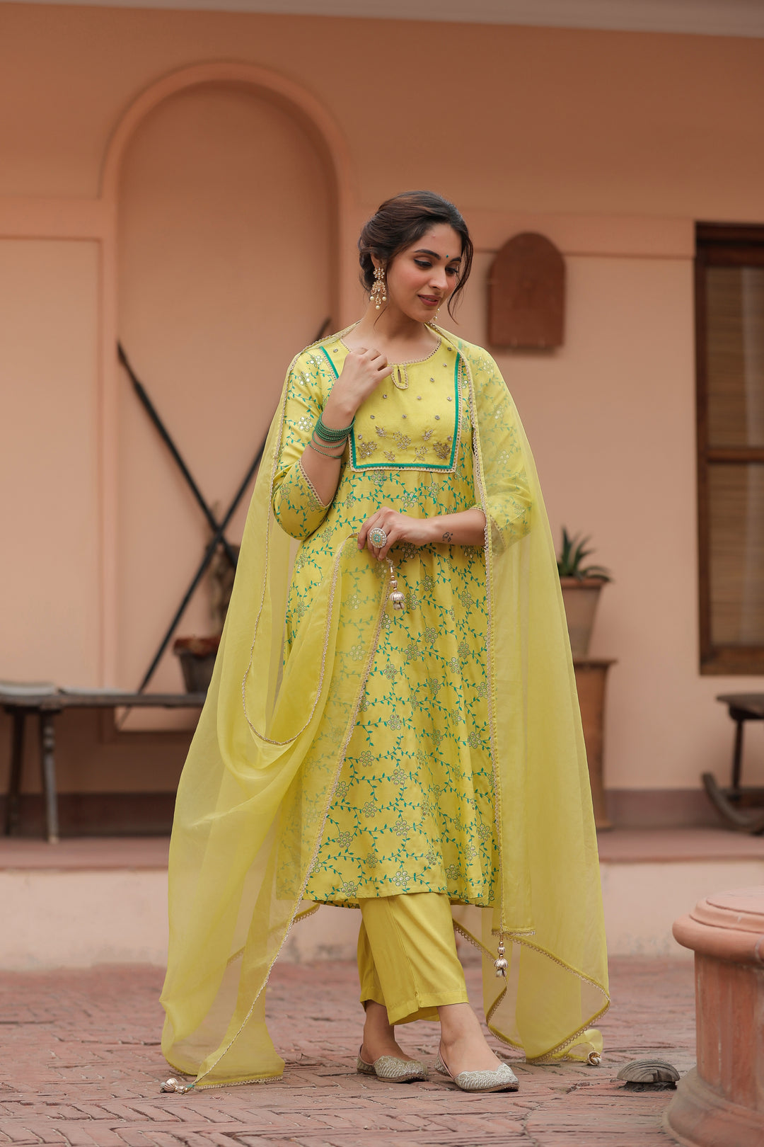 Yellow Printed Embellished Kurta Set With Dupatta