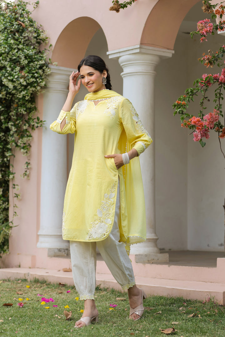 Yellow Cotton Applique Kurta Set With Dupatta