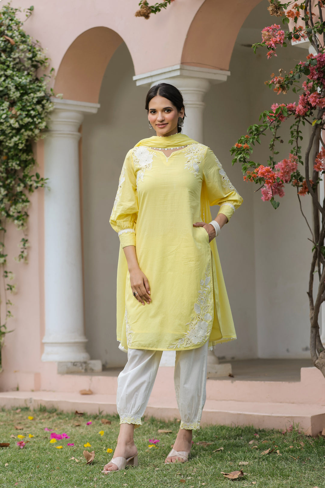 Yellow Cotton Applique Kurta Set With Dupatta