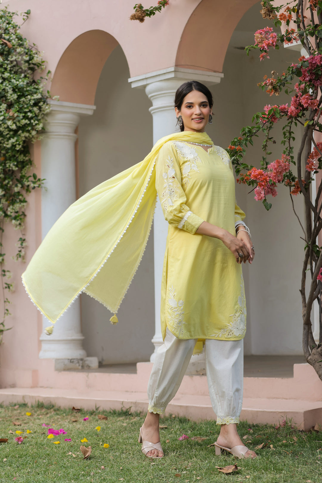 Yellow Cotton Applique Kurta Set With Dupatta