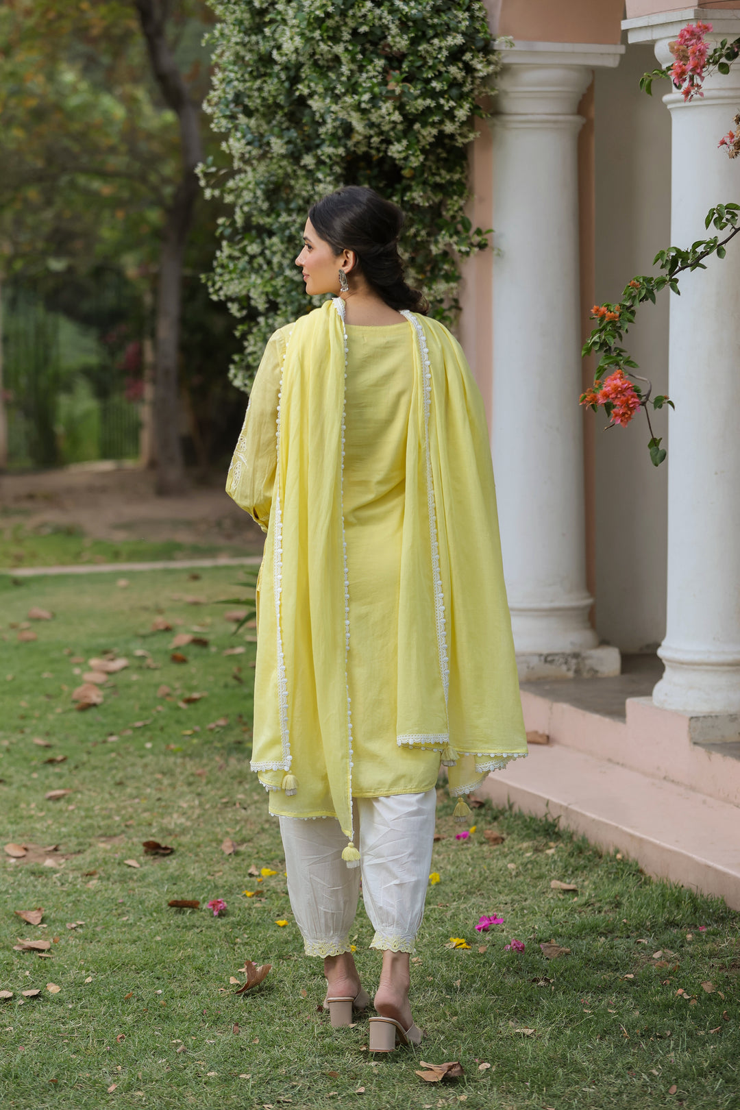 Yellow Cotton Applique Kurta Set With Dupatta