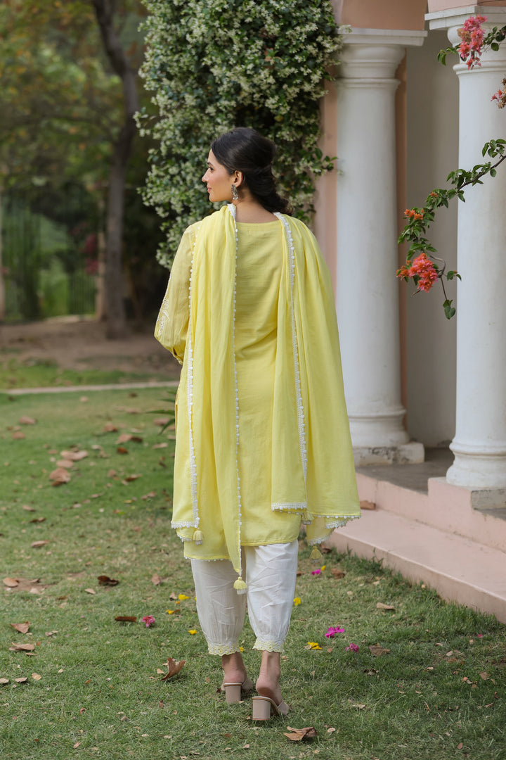 Yellow Cotton Applique Kurta Set With Dupatta