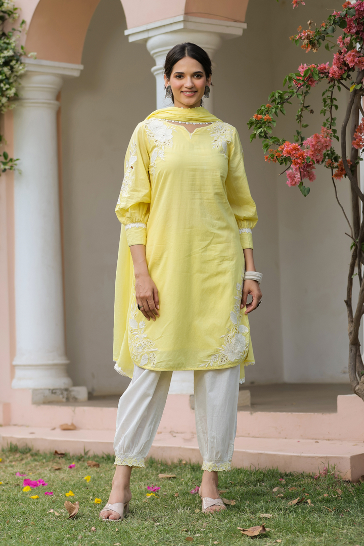 Yellow Cotton Applique Kurta Set With Dupatta