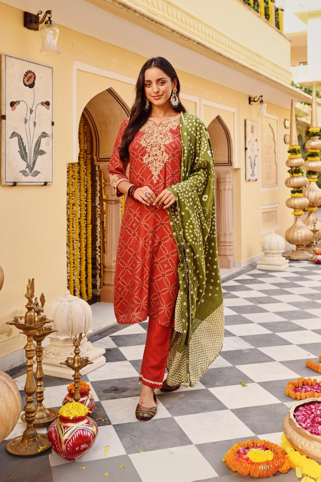 Red Chanderi Embroidered Kurta Set With Dupatta