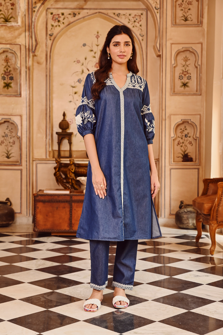 Blue Embroidered Straight Kurta Pant Set