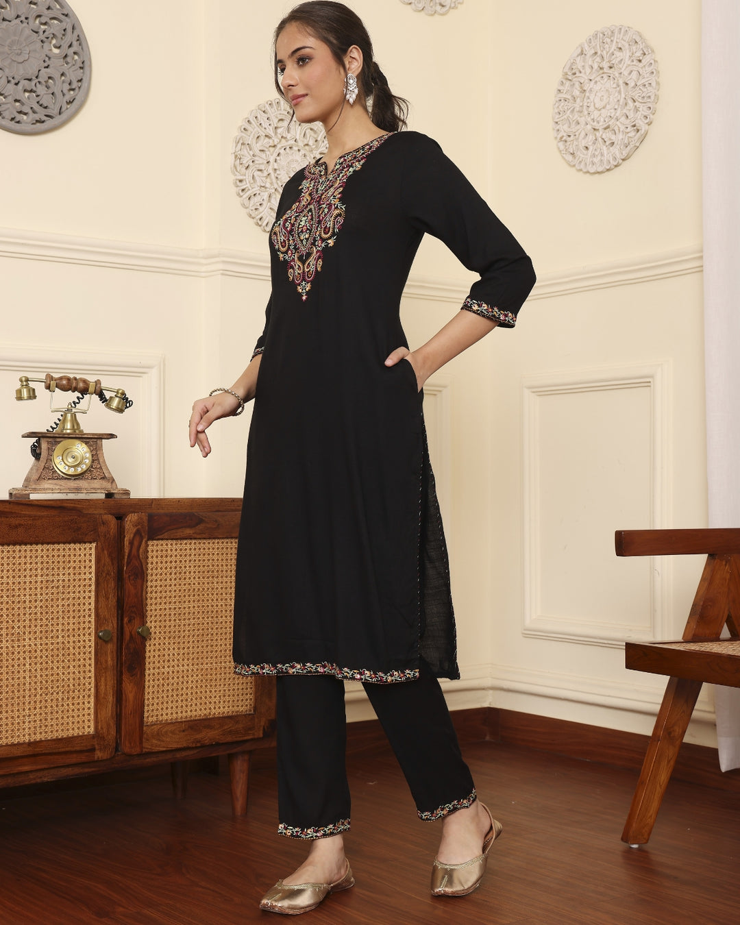 Black Viscose Embroidered Straight Kurta With Trouser