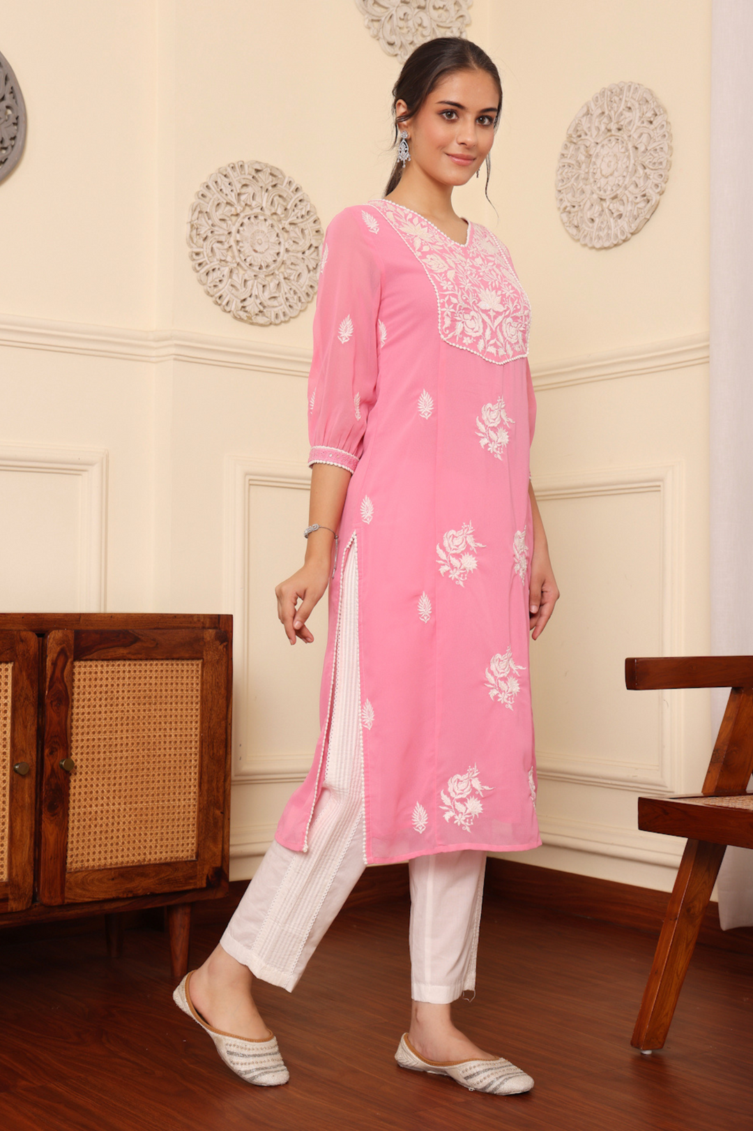 Pink Georgette Embroidered Detailed Straight Kurta