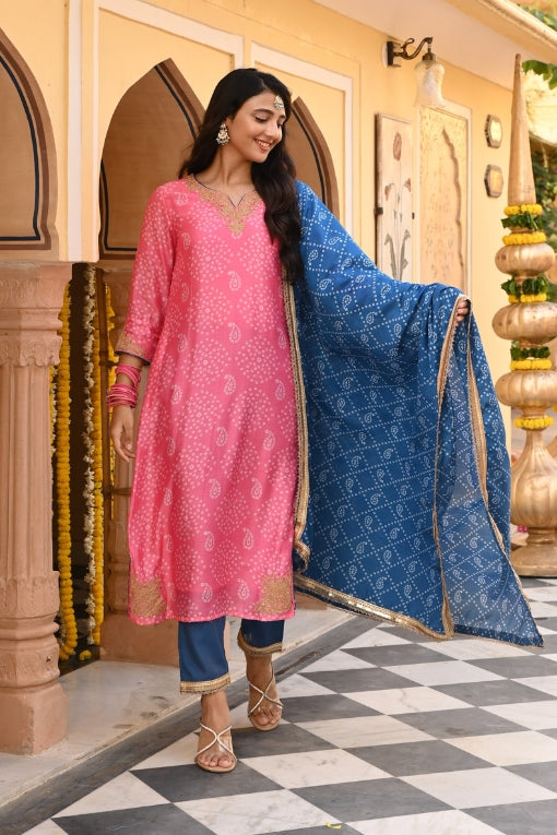 Pink Chanderi Embroidered Kurta Pant Set With Dupatta