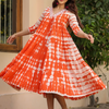 Orange Cotton Dobby Tie & Dye Tiered Designer Dress