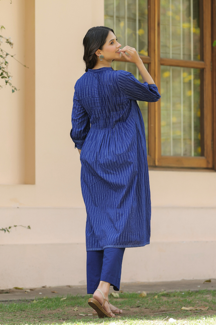 Blue Cotton Printed Detailed Dress