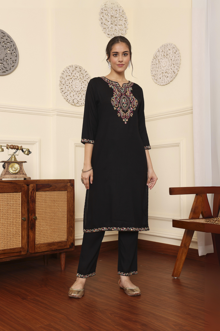 Black Viscose Embroidered Straight Kurta With Trouser