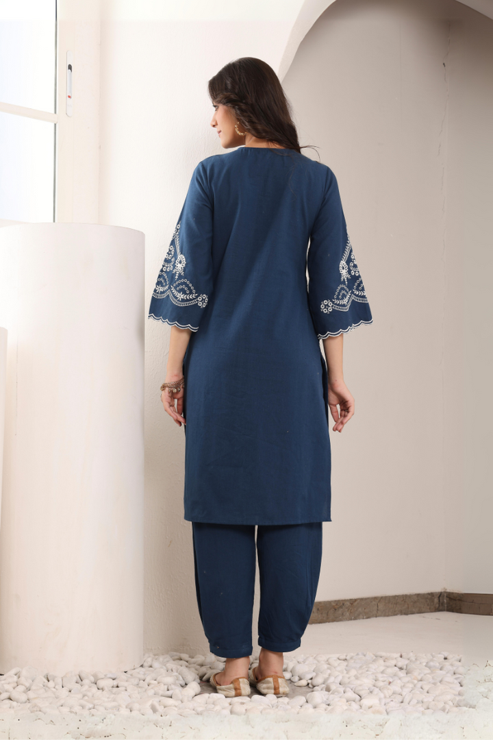 Blue Embroidered Shirt Collar Kurta With Trouser