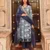 Blue Pure Cotton Floral Print Zari Work A-Line Kurta Pant Dupatta Set