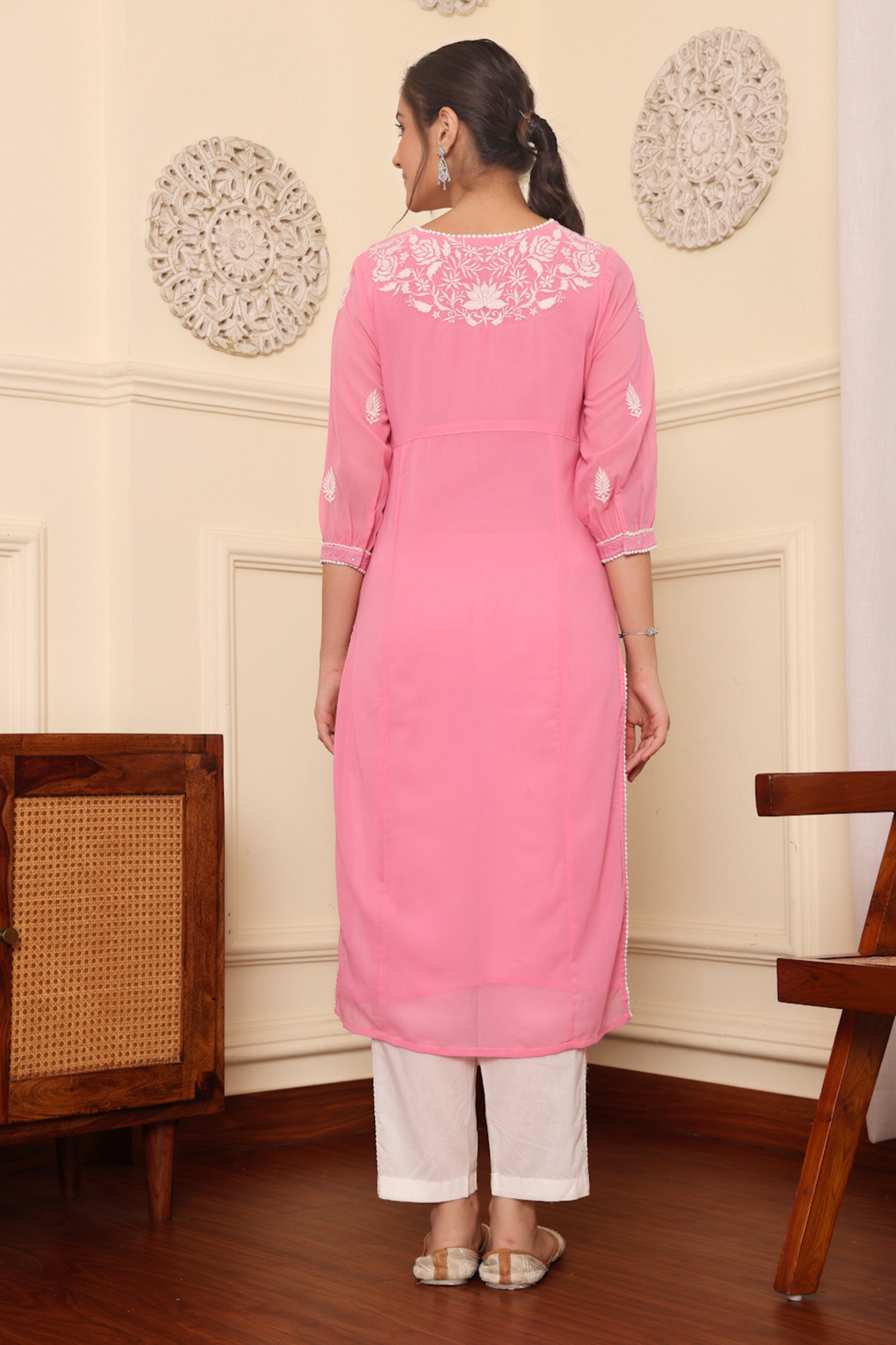 Pink Georgette Embroidered Detailed Straight Kurta